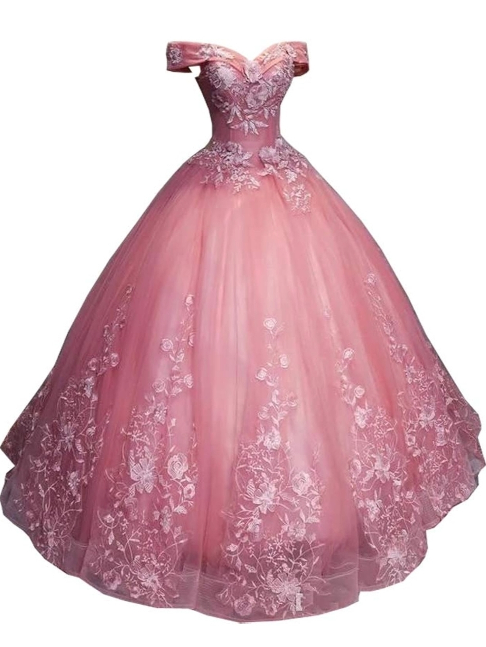 Off-Shoulder Peach Ball Gown Dress with Floral Lace - Picture 3 of 4